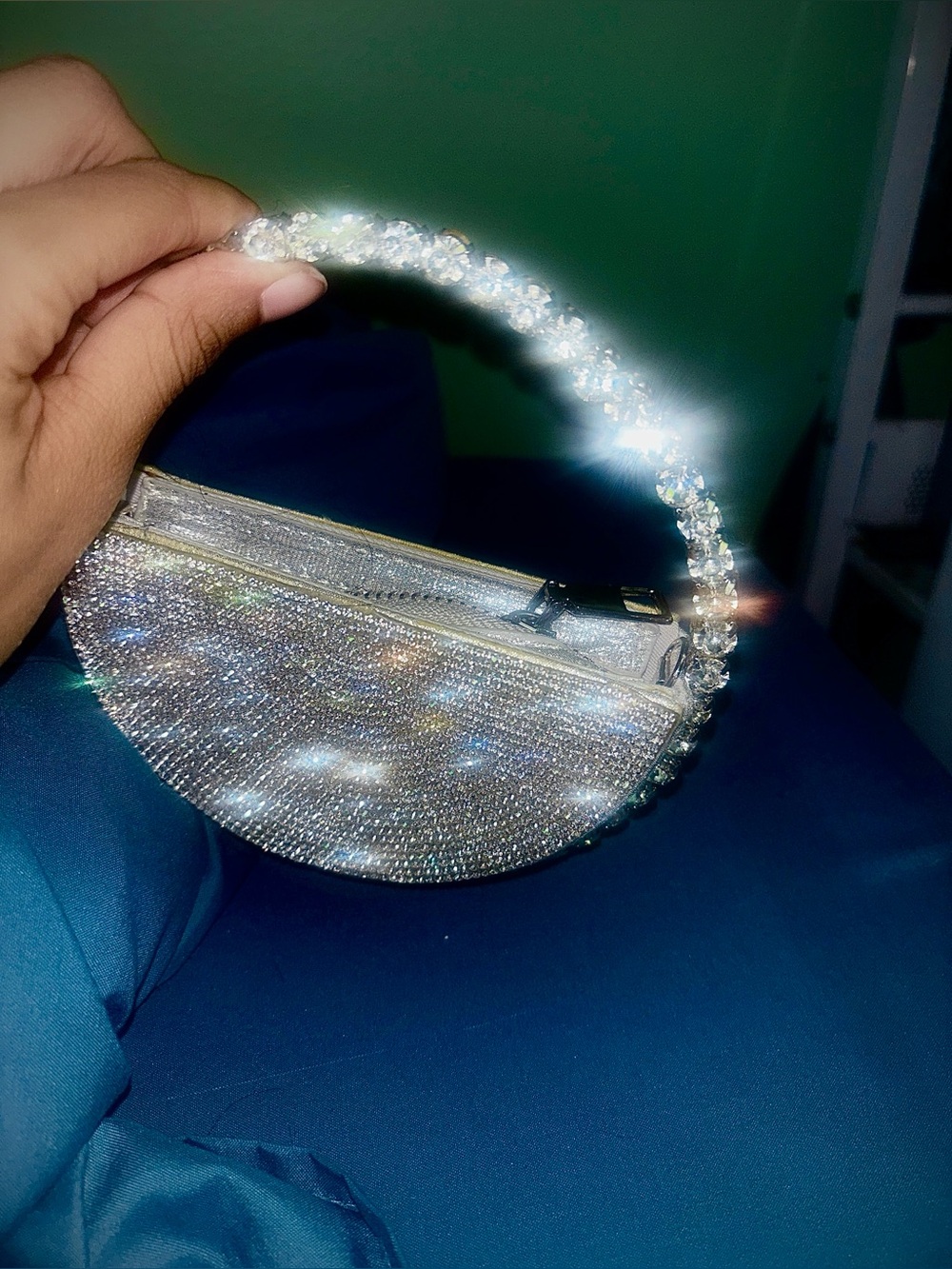 Crystal-Embellished Silver Mini Bag with Rhinestone Handle